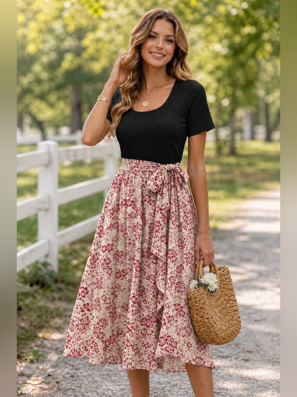 Floral Tie-Waist Midi Dress | Red & Cream | Flowy A-Line Spring Summer Dress (L)
